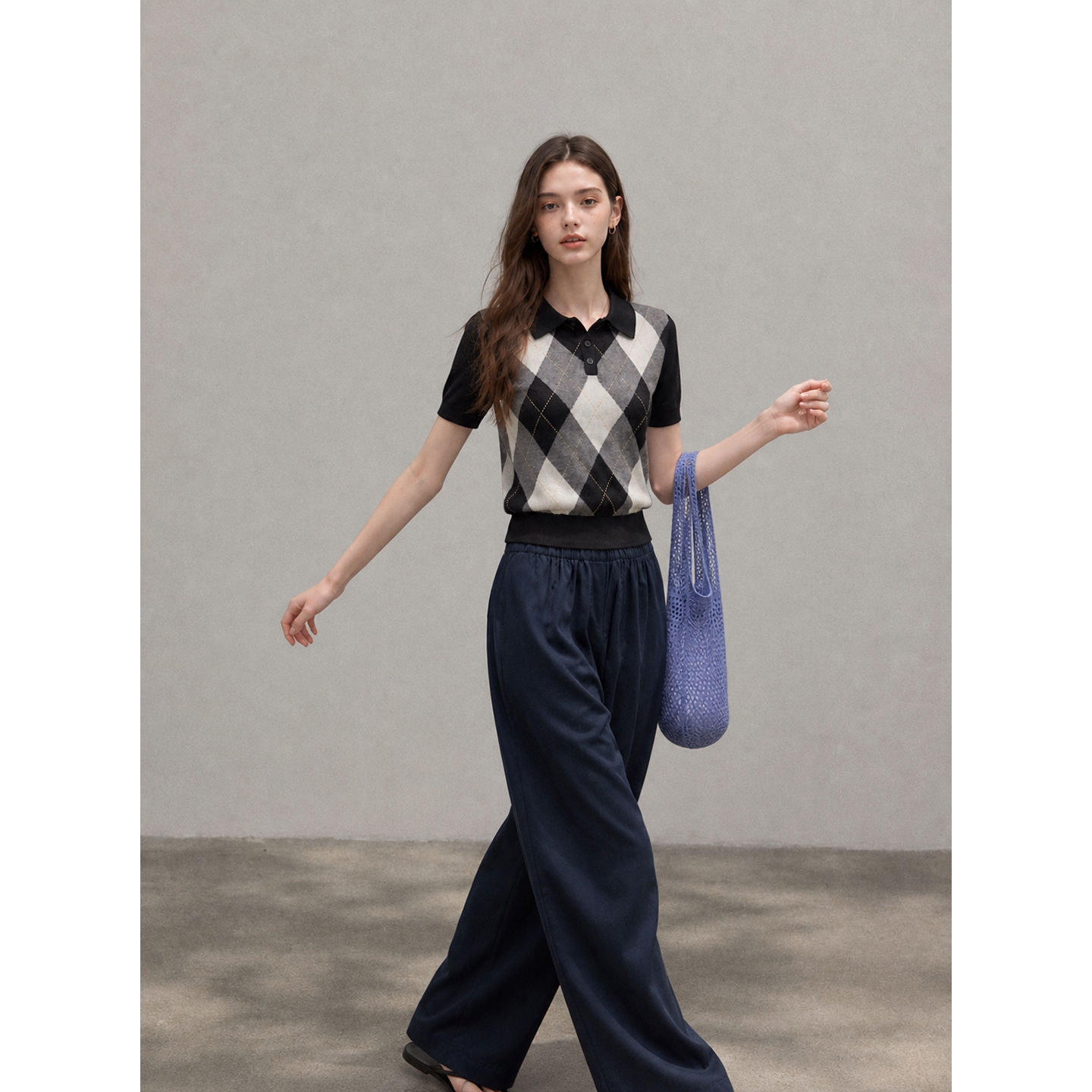 2026早秋美式辣妹菱格Polo领短袖女撞色拼接修身显瘦复古百搭上衣