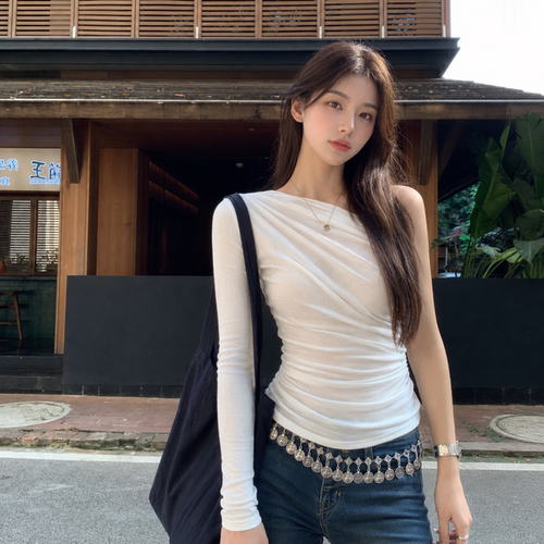 夏季斜肩纯色长袖修身辣妹t恤女