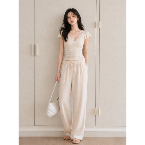 夏季V领蕾丝小飞袖显瘦t恤上衣女