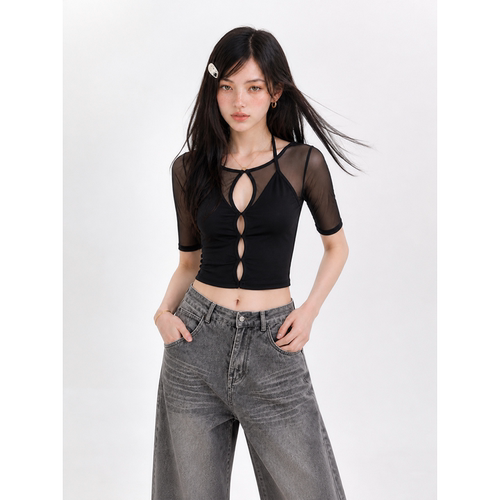 夏季性感挂脖网纱透视短款t恤女