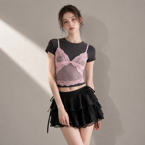 韩系芭蕾风蕾丝吊带假两件t恤女