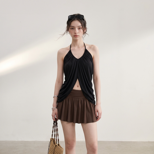 御姐挂脖V领露腰显瘦吊带上衣女
