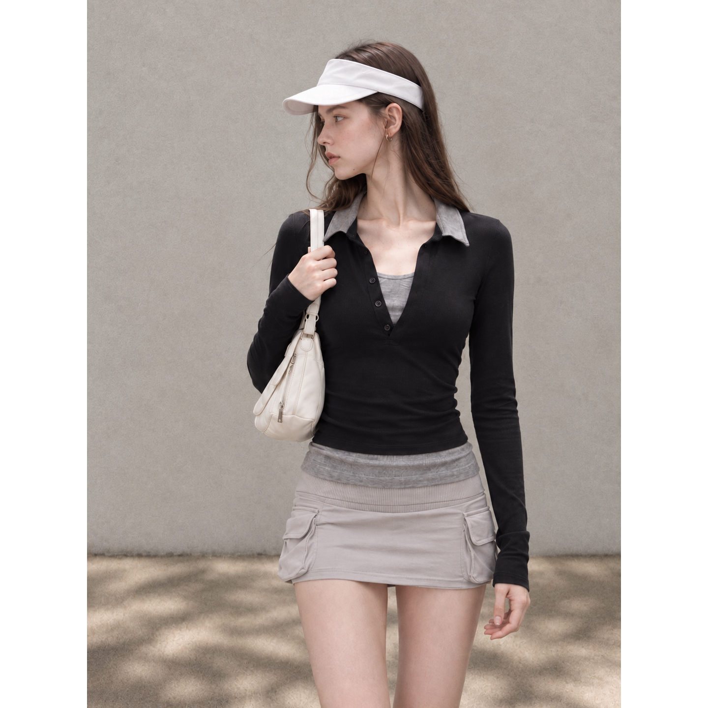 2026早秋美式复古辣妹假两件撞色翻领polo修身显瘦大码长袖t恤女