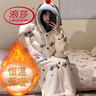 浪莎睡衣女秋冬季珊瑚绒长袖甜美卡通睡袍厚款毛绒连体韩范家居服