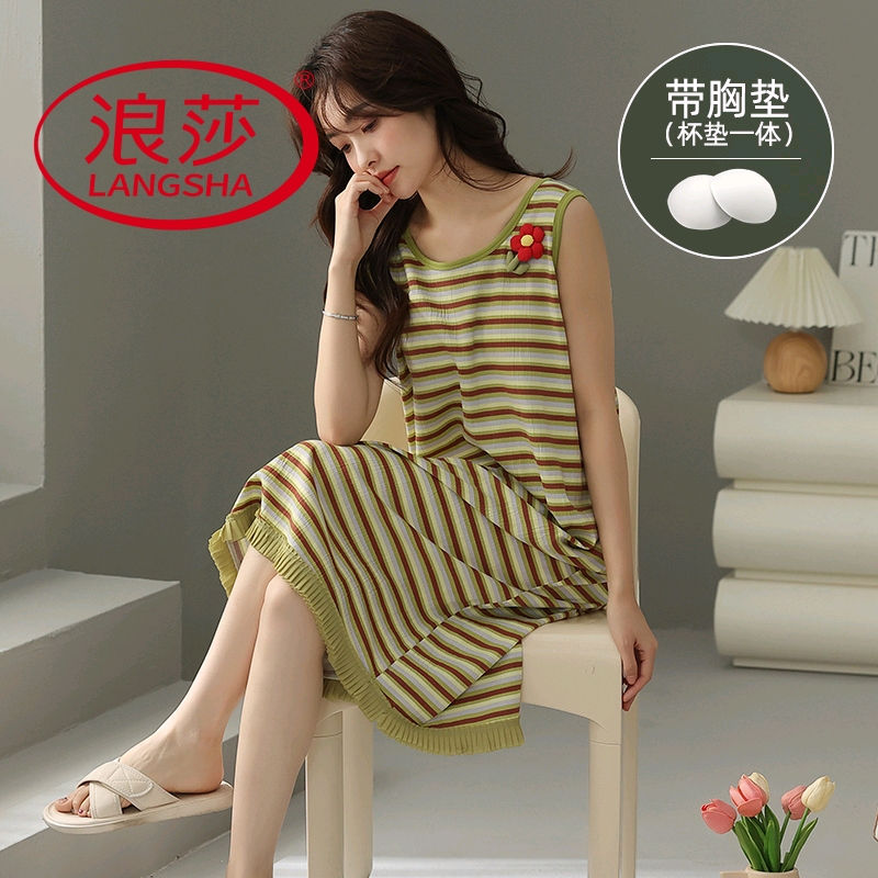 浪莎2025新款带胸垫睡裙女夏季纯棉吊带背心薄款可外穿韩范家居服