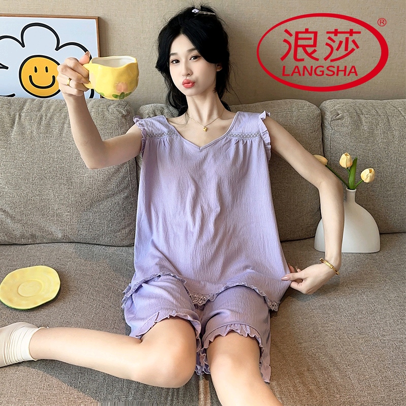 浪莎睡衣女夏季纯棉吊带短裤背心睡裙长裤甜美薄款休闲韩范家居服