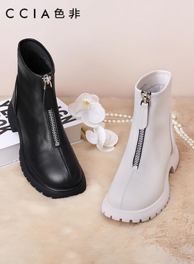 色非年新款黑色靴子女秋冬前拉链牛皮厚底配裙子的短靴D419I