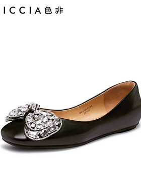 色非平底低帮鞋女秋季浅口设计感小众气质鞋子满钻蝴蝶结单鞋C186