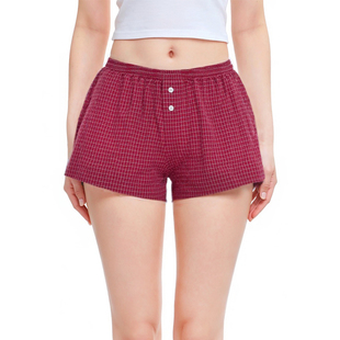 BM美式辣妹休闲短裤 红格子纽扣松紧腰显腿长显白海边热裤薄睡裤