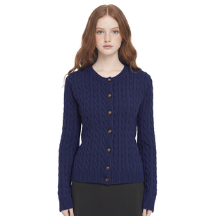 BM绞花纹毛衣 外套新 老钱风藏蓝色简约纽扣圆领温暖针织百搭开衫