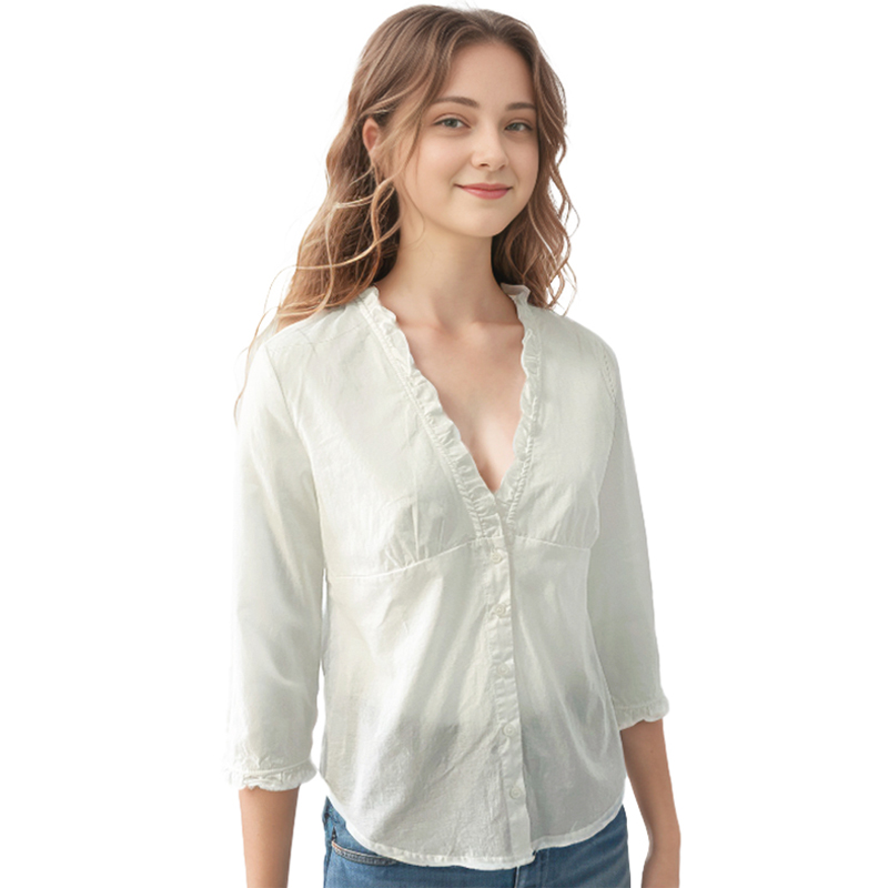 BM新品花边衬衫  白色轻薄仙气V领木耳边七分袖空气防晒罩衫上衣