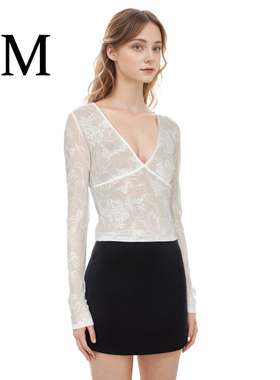 BM美式辣妹透明微嗽长袖设计感修身上衣白色浪漫女人味蕾丝打底衫