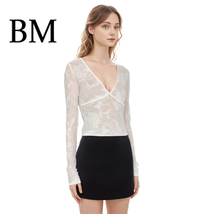 上衣白色浪漫女人味蕾丝打底衫 设计感修身 辣妹透明微嗽长袖 BM美式