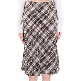 BM复古格纹半身裙  学院文艺棕色格子收腰拉链中长款半裙2025秋新