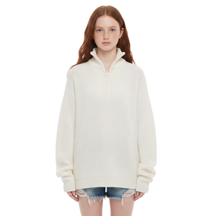 BM中高领拉链针织上衣 套头毛衣 老钱风慵懒高级感米白色宽松长袖