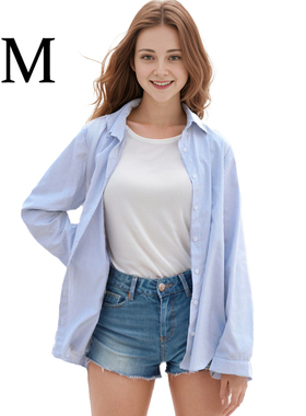 BM条纹衬衫2024春日蓝色纽扣中长款宽松大版长袖流行棉衬衣上衣女