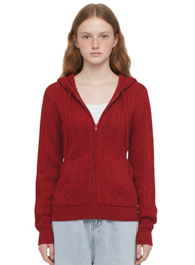 BM红毛衣 美式复古麻花连帽休闲拉链口袋卫衣针织开衫外套2025秋