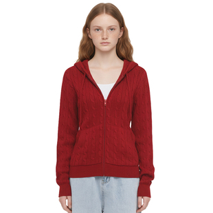 外套2025秋 复古麻花连帽休闲拉链口袋卫衣针织开衫 BM红毛衣 美式