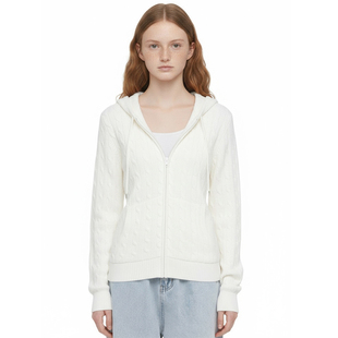 BM拉链针织开衫 美式休闲连帽绞花口袋白色抽绳毛衣外套2025秋冬