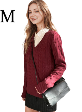 BM龙年本命年红色中长款毛衣2024新年复古麻花V领针织套衫秋冬女