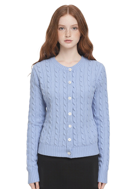 BM秋冬miu系开衫 奶蓝色绝美毛衣基础款圆领麻花长袖纽扣软糯外套