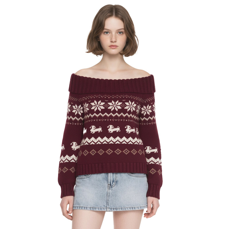 BM新品毛衣提花显瘦红色针织衫