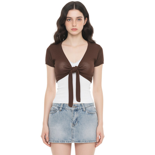 美式复古棕色绑带V领针织开衫