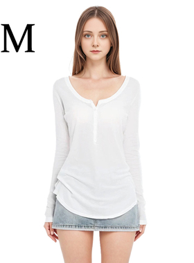 BM空气T恤 柔软亲肤简洁白色纽扣大领口圆领长袖中长款百搭上衣新