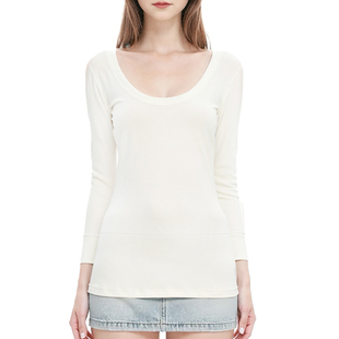 白色内搭柔软长袖 大圆领口修身 T恤上衣新 美式 BM2025秋叠穿打底衫