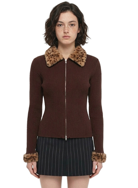 BM针织衫 美式复古豹纹毛领修身显瘦毛衣棕色辣妹双拉链开衫上衣