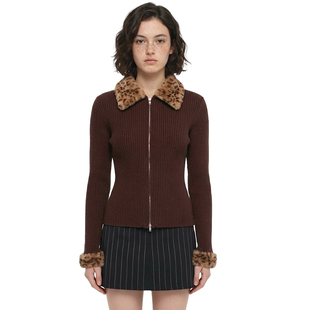 显瘦毛衣棕色辣妹双拉链开衫 复古豹纹毛领修身 上衣 美式 BM针织衫