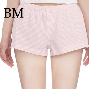 BM辣妹短裤 白女穿搭粉色系条纹纽扣松紧弹力腰迷你舒适热裤夏INS