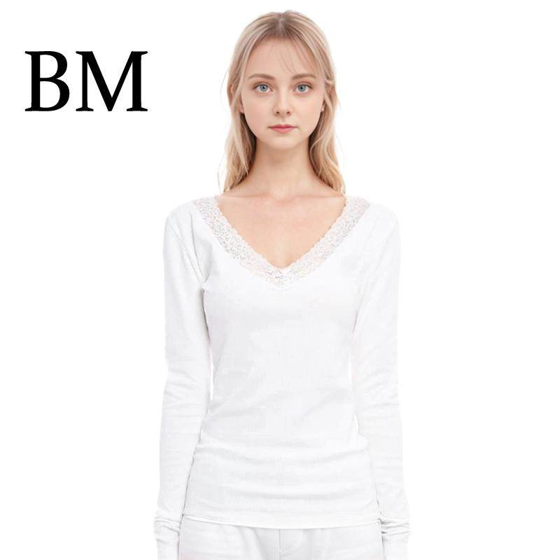 BM白色蕾丝边v领长袖T恤棉女纯欲