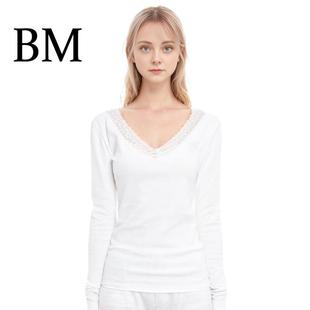 BM蕾丝蝴蝶结白色打底衫 T恤上衣棉 纯欲V领秋冬内搭可外穿美背长袖