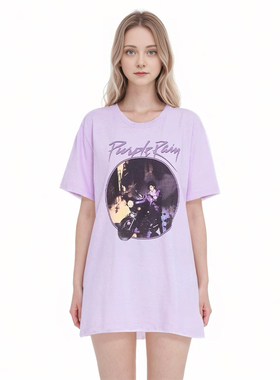 BM慵懒宽松短袖 美式休闲紫色中长款圆领机车朋克印花棉T恤上衣夏