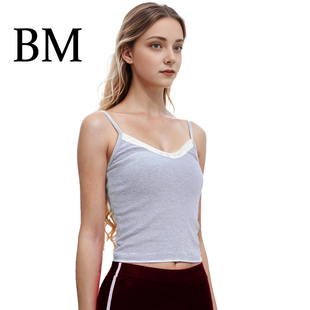 BM蕾丝蓝条纹吊带美式 柔软棉质内搭外穿背心上衣夏 甜辣风V领修身