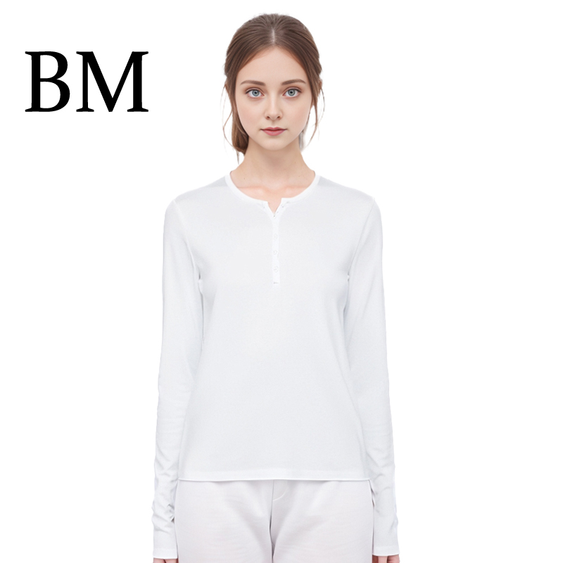 长袖简洁百搭领口纽扣棉女T恤