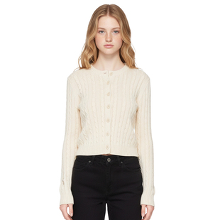 BM麻花粗针针织开衫 圆领高腰毛衣短外套秋冬 奶油米色单排扣修身