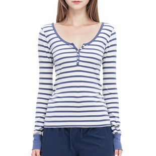 女休闲海魂衫 BM亨利领T恤新 条纹打底衫 蓝条纹纽扣修身 上衣秋 美式