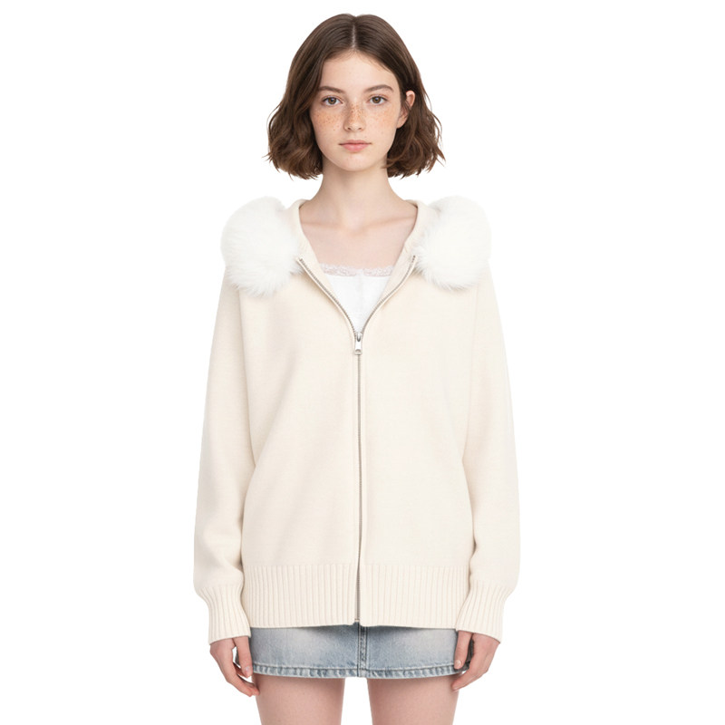 BM毛领外套 2025秋冬连帽温柔米白色针织开衫女百搭拉链宽松毛衣
