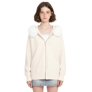 BM毛领外套 女百搭拉链宽松毛衣 2025秋冬连帽温柔米白色针织开衫