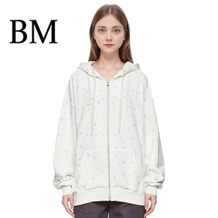 连帽衫 慵懒风拉链长袖 女 可爱卫衣外套中长款 BM小碎花口袋宽松韩式