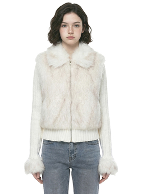 BM秋冬外套 复古翻领拉链针织拼接百搭保暖毛茸茸白色毛衣上衣新