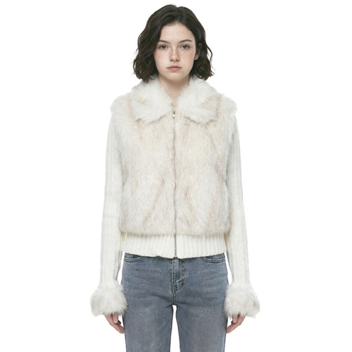 复古翻领拉链针织毛毛短外套