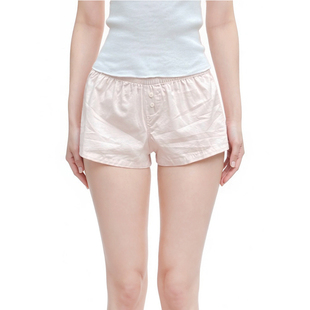 夏女 子薄款 美式 热裤 粉色松紧腰纽扣休闲居家睡裤 BM清凉亚麻短裤