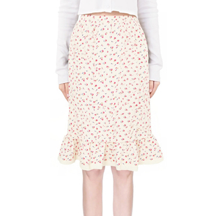 BM温柔花卉半身裙 法式花边鱼尾裙红碎花蕾丝拼接松紧腰中长半裙