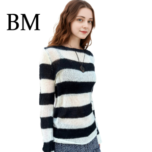 新 露肩显瘦镂空针织罩衫 BM马海毛黑白条纹毛衣慵懒感宽松长袖 薄款