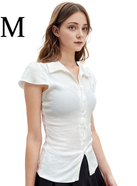 BM夏日短袖 白色罗纹翻领纽扣修身显身材显瘦镂空针织POLO衫上衣