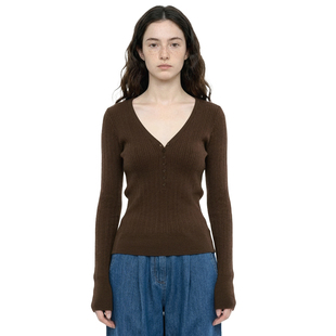 针织衫 显瘦上衣纯棉打底衫 女 复古深棕咖色V领纽扣修身 美式 BM长袖