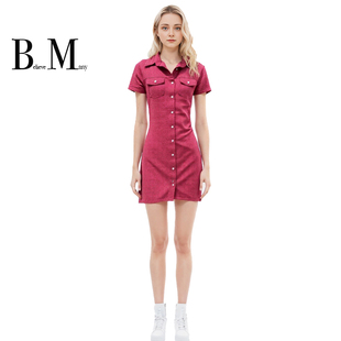 BM短袖衬衫裙 复古红格子单排扣翻领气质开衫式显白夏日连衣裙INS